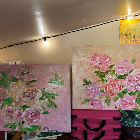 2 beautiful Floral Acrylic Painting 16”x20”each on canvas signed - Picture 3 of 6